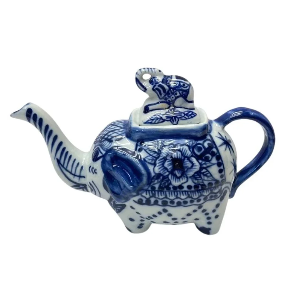 Blue & White Elephant Teapot with Lid | Chinoiserie Style - Picture 3 of 7